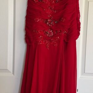 Terani Couture Red Maxi Dress with Floral Embellishments